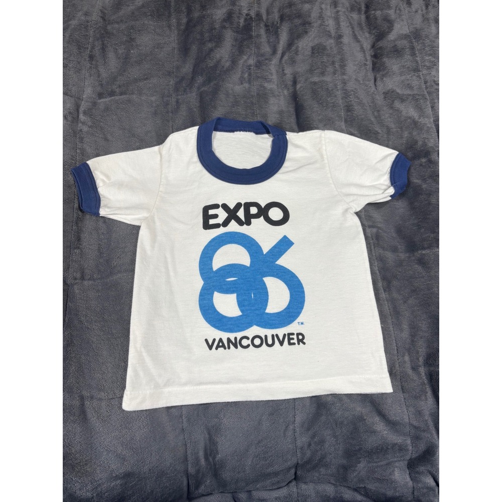 Vintage Expo 86 Vancouver Kids Ringer T-Shirt White Navy Blue Souvenir 80s